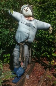 DIY scarecrow made from old clothes with a smiling face, standing in a raised bed garden.