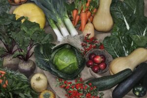 Diverse harvest of vegetables grown from heirloom seeds and open pollinated garden seeds