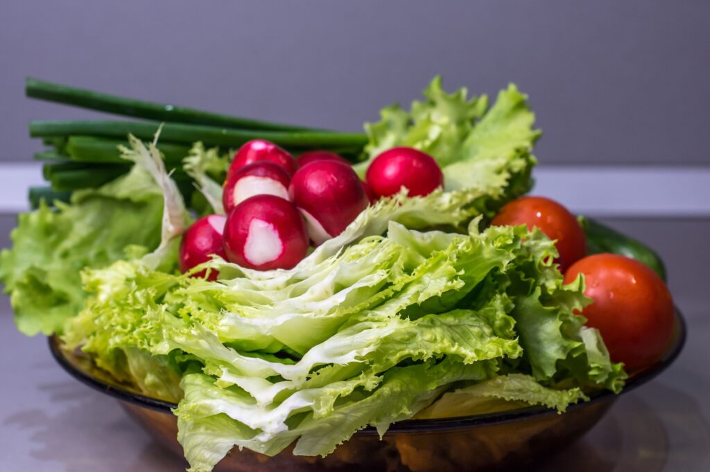 Bowl of crisp vegetables from a thriving September garden, ready for fall meals.