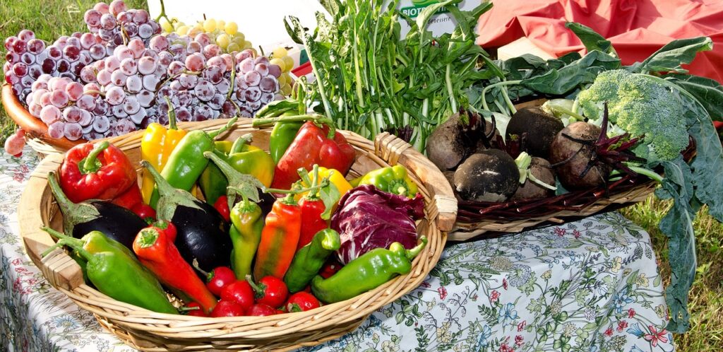 Colorful heirloom garden seeds produce—ripe peppers, eggplant, and leafy greens showcased in a bright outdoor harvest scene.